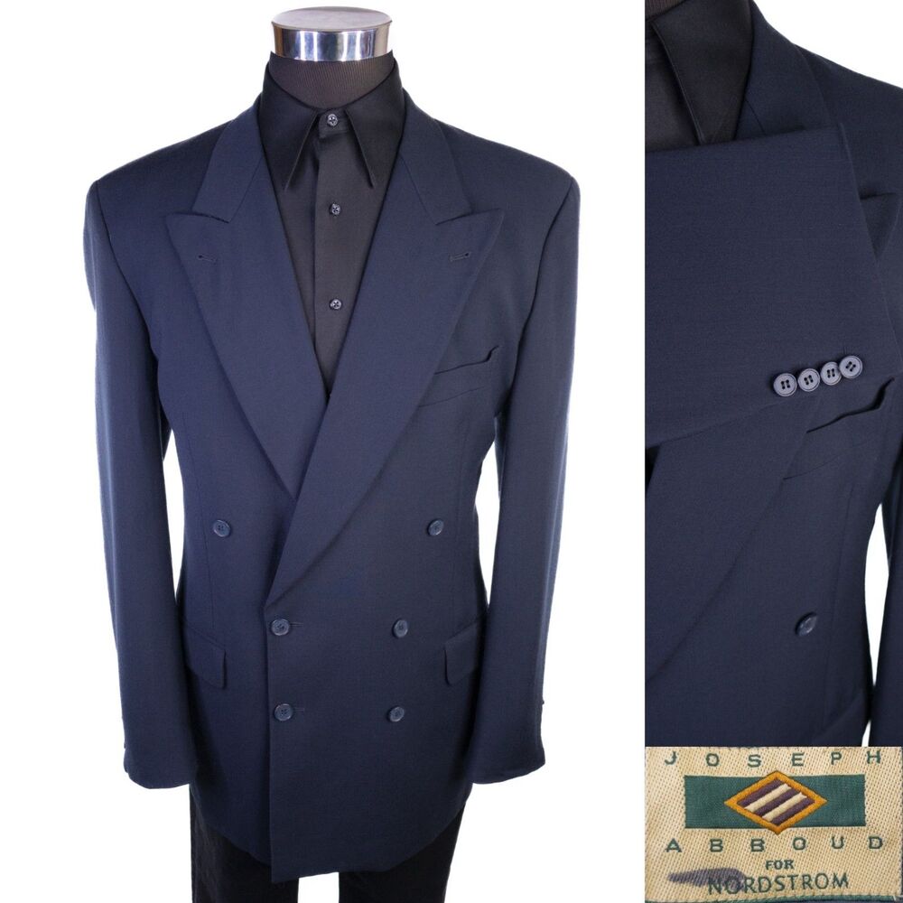 VTG Joseph Abboud Blazer 42L Navy Blue Wool Peak Lapel Double Breasted Made USA